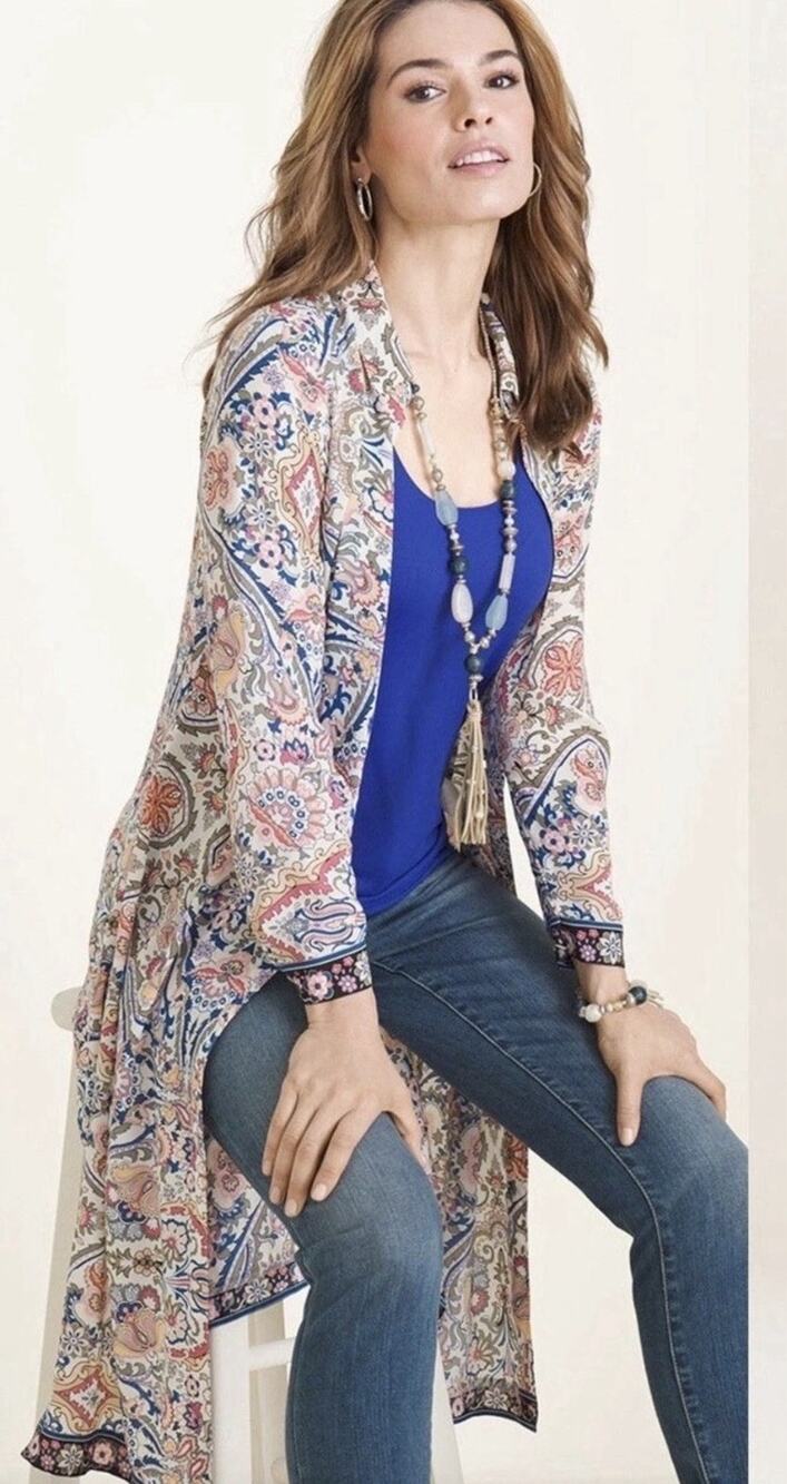 Chico's Long Paisley Tunic Sz 2 petite Large US 12 14 Bohemian Victorian cottage